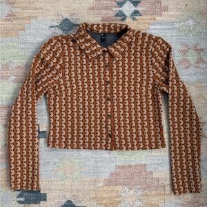 Cider retro mod cropped floral orange & brown blouse size L